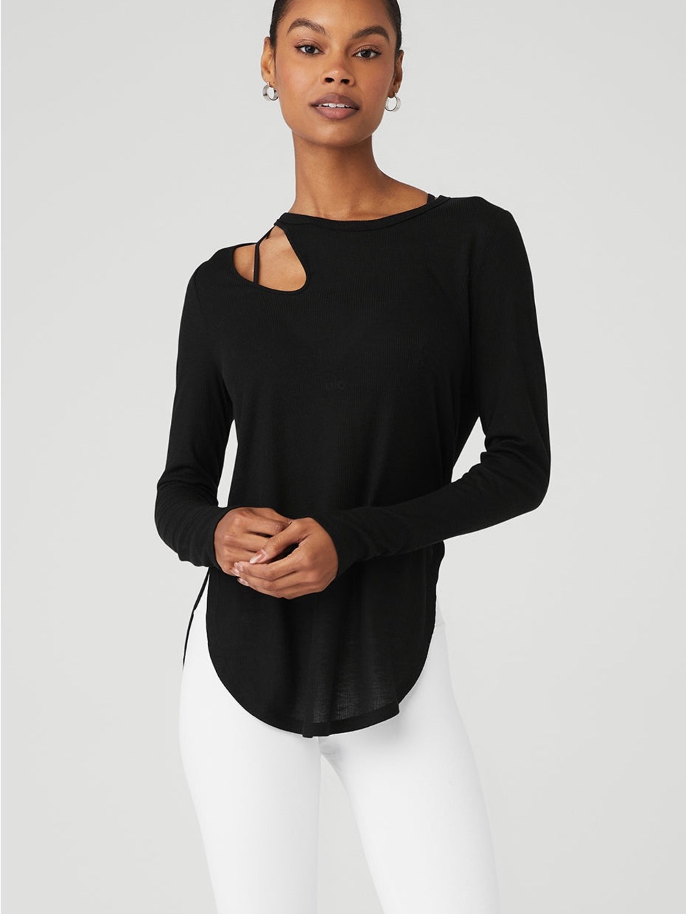 Alo Yoga Ribbed Peak Long Sleeve Top Black Size S